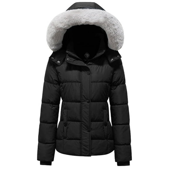 KVE Women's Hooded Warm Winter Coat Quilted Thicken Puffer Jacket with Removable Hood Black X-Large