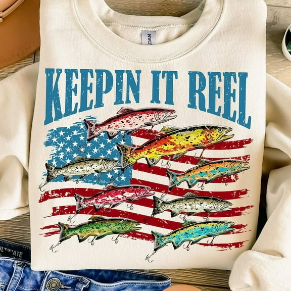 Keepin’ It Reel Fish American Flag Sweatshirt, Funny Patriotic Fisherman 4th of July Pullover for Men or Women BTO