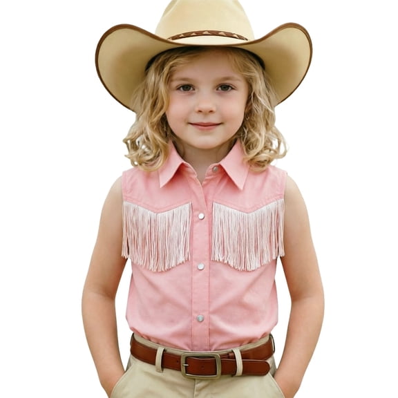 FINALGANG Boys Shirts Kids Western Cowboy Shirt Girls Fringe Shirt Button Down Cowgirl Outfits Sleeveless Casual Blouse 70S Festival Party Tops 13-14 Years