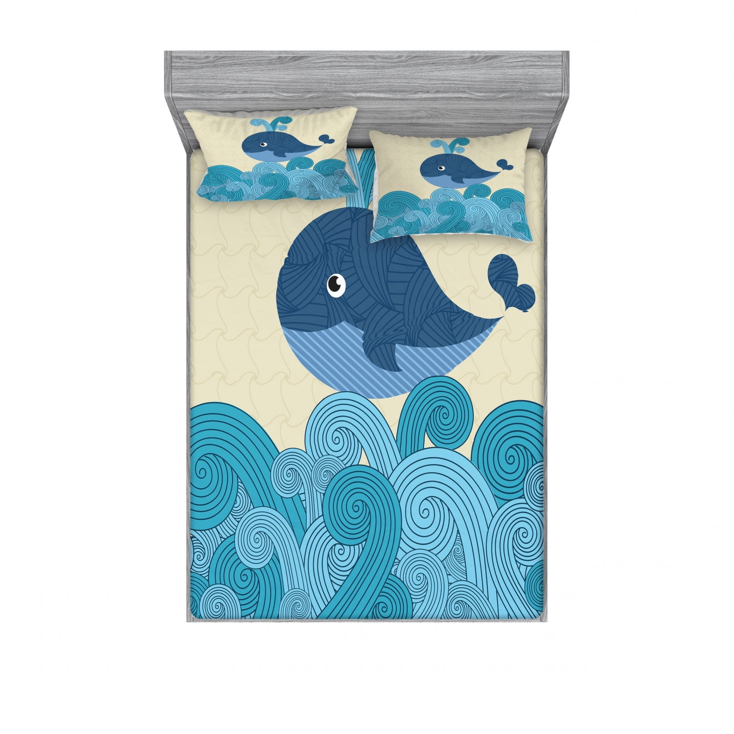Whale Bedding Set with Sheet & Covers, Cartoon Smiling Patterned Mammal