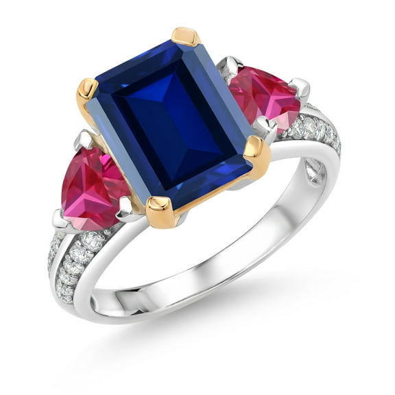 Gem Stone King 925 Sterling Silver and 10k Yellow Gold Blue Created Sapphire and Red Created Ruby 3 Stone Engagement Ring for Women (5.05 Cttw, Octagon Cut 10X8MM, Size 7)
