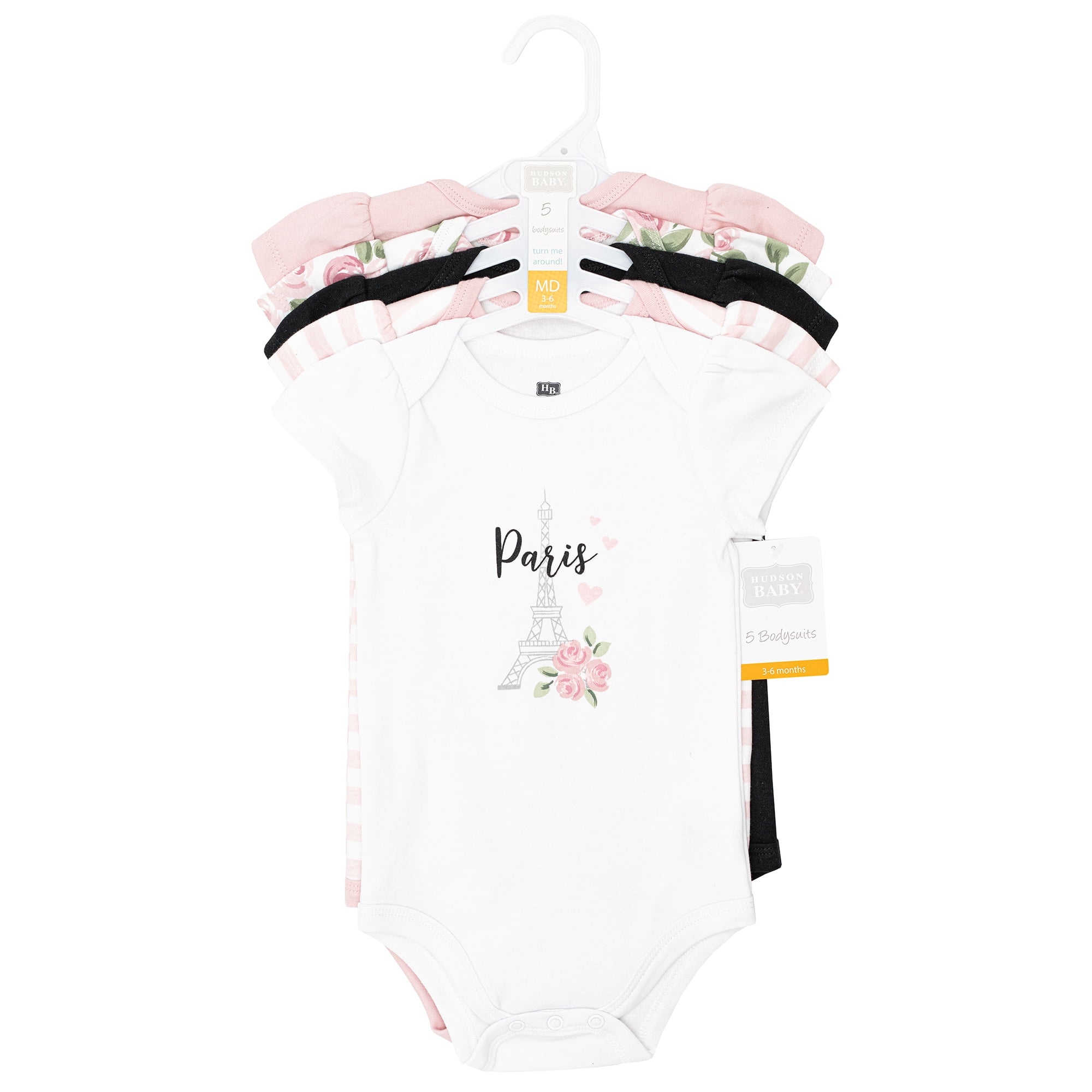 Hudson Baby Infant Girls Cotton Bodysuits 5-Pack, Bonjour Paris, Preemie