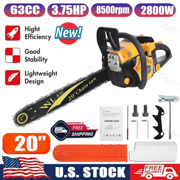 Floseru 63cc Gas ChainSaw, Chain Saw with 20 Inch Bar and Chain, 2.8KW 3.75HP Gasoline Chainsaw for Professional Wood Work