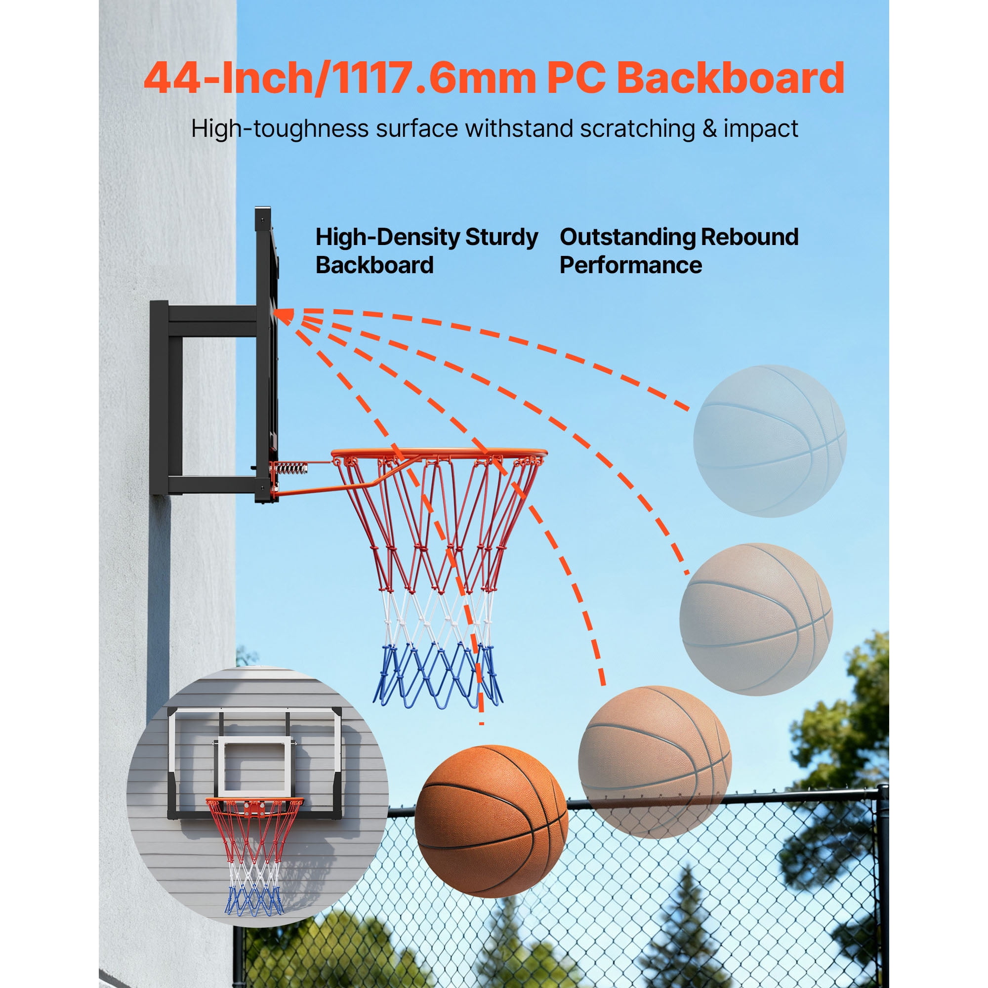 KFFKFF Wall-Mounted Basketball Hoop, 44-inch PC Backboard with Durable Steel Frame, 0.08-inch Thick Backboard, Reinforced Nylon Net, Suitable for Indoor and Outdoor Play