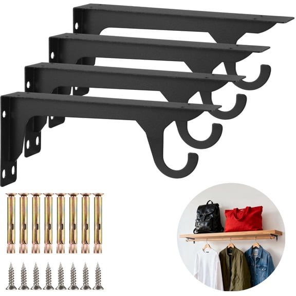 4 Pcs Heavy Duty Closet Rod Bracket with Hook, 12 Inch Wall Mounted Closet Shelf Brackets, Black Steel Bracket for Storage, Screws Included, 11.1 x 4.7 x 1.6 in