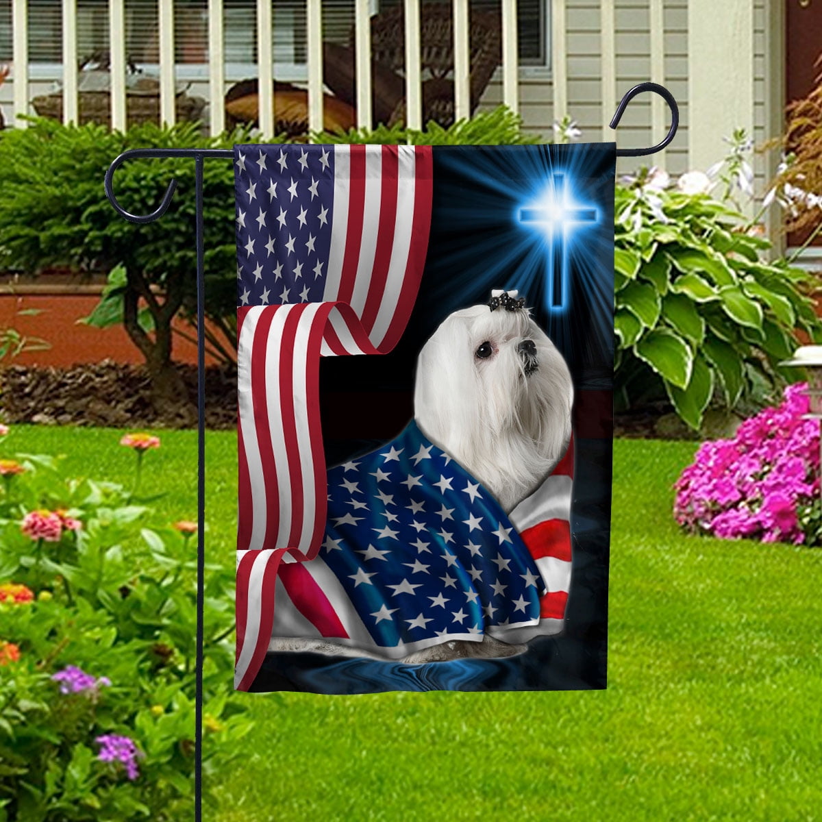 Maltese Dog Wearing Flag American Faith Cross 4th of july, Dog Decor American Flag House Flag, Double-Sided Decorative Outdoor Flag, Patriotic Polyester Yard Flag 29.5 x 39.5 in