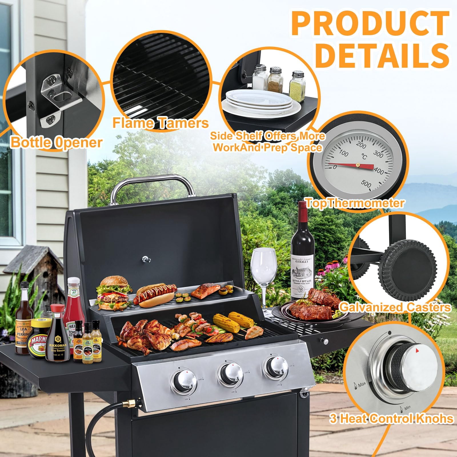 Highsound 3-Burner Propane Gas Grill, 25,650 BTU Stainless Steel BBQ Grill with Side Tables, Outdoor Portable Grill for Backyard & Camping, Black