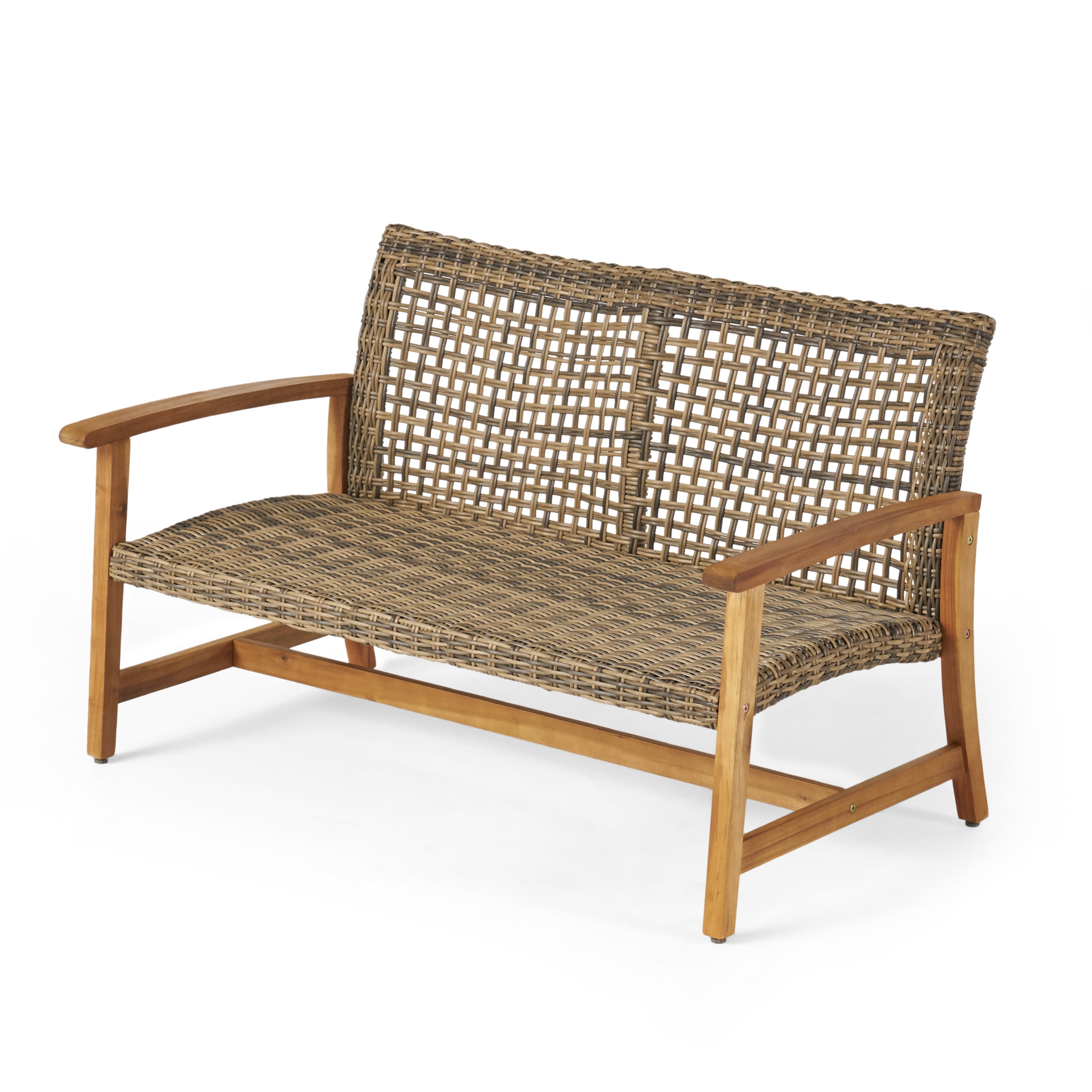 Outdoor Wood Woven Combined Double Seat Loveseat, Mixed Material Leisure Sofa for Patio Garden, Teak and Brown