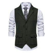 SWSMCLT Men's Cotton Sleeveless Suit Vest Single Breasted Waistcoat Business Formal Notch Collar Dark Green 36