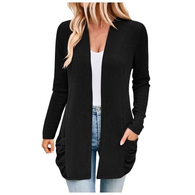 GPOECD Women Fall Solid Color Open Front Cardigan Lightweight Long Sleeve Pure Color Slim Fit Cardigan Outerwear with Pockets A-Black,S