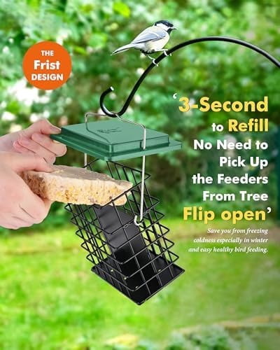 Double Suet Feeder- Metal Roof Bird Feeder with Taller Grid for Woodpeckers, Suet Cake Cage Bird Feeder for Outdoors Hanging,Easy-Clean & Refill,Green (1 Pack)