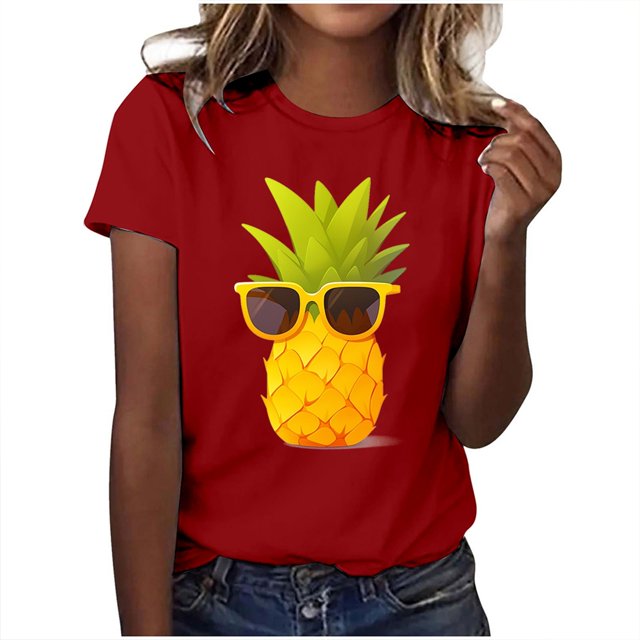 T-shirts Femmes Mode Respirant Imprimé Ananas T-Shirt Manches Courtes Haut Chemise Femmes Rouge S