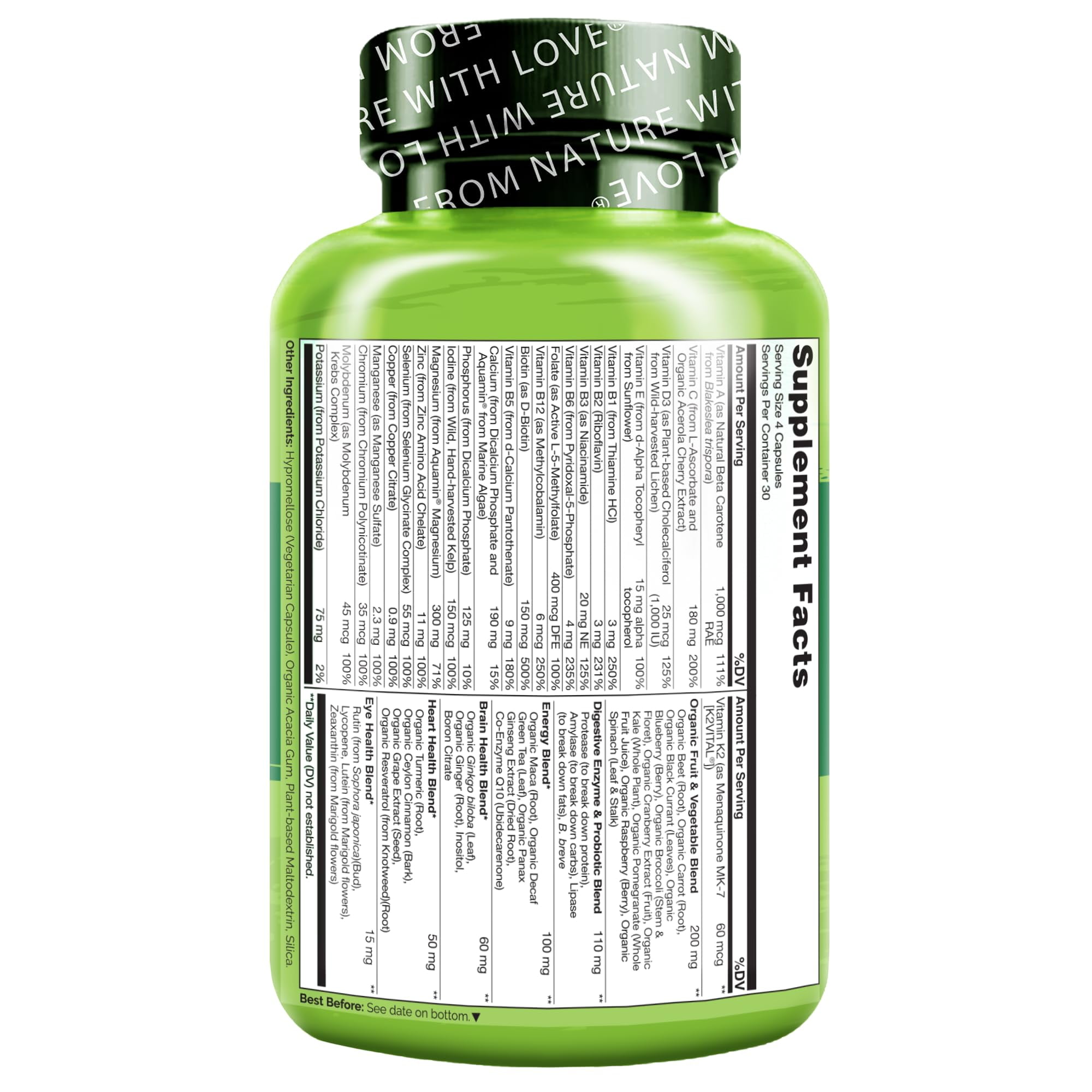 NATURELO Mens Multivitamins - Whole Food Multivitamin for Men with Vitamins, Minerals - 120 Vegetarian Capsules for Energy, Brain, Heart, Eye Health*
