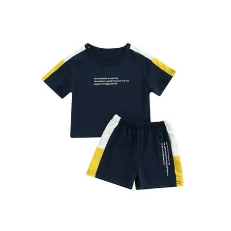 

Kids Girls Boys Shorts Set Letter Print Short Sleeve Patchwork Tops+High Waist High Elastic Shorts Outfits