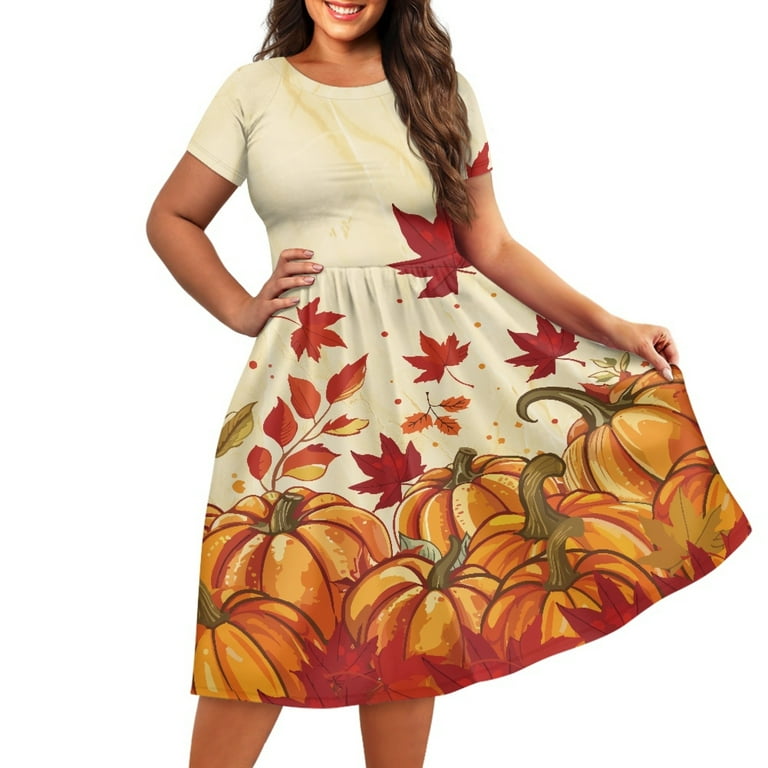 SCRAWLGOD Maple Leaf Pumpkins Dresses for Women Summer Dress with Sleeves  Midi Casual Lightweight Womens Summer Dress Midi Length with Sleeves  Crewneck Size M for Thanksgiving Day - Walmart.com