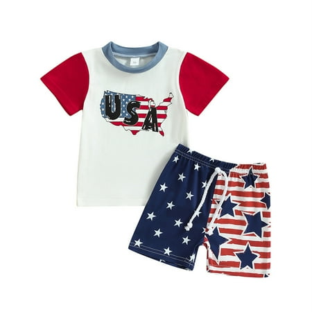 

TAIAOJING Toddler Baby Boy Summer Clothes Short Sleeve Independence Day 4th Of July USA Letter Prints T Shirt Tops Shorts Child Kids Daily Wear Outfit 18-24 Months