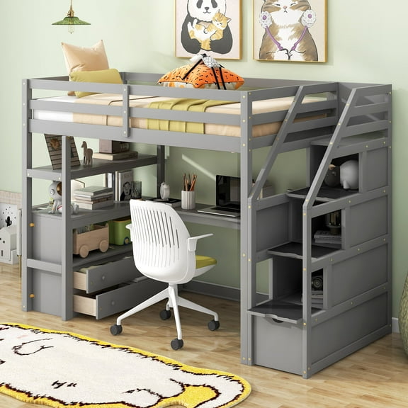 Twin Size Loft Bed with Desk, Shelves, Two Built-in Drawers and Storage Staircase, Gray