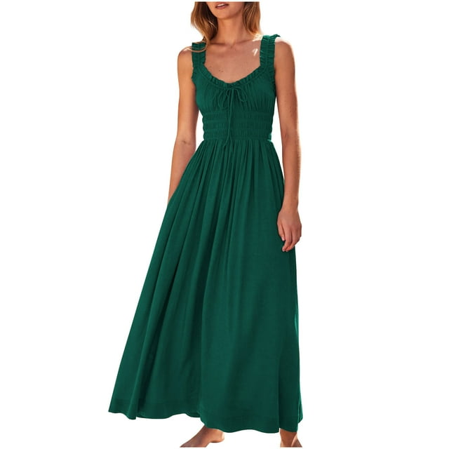 AherBiu Robes d'Été pour Femmes 2024 Tendance Robe Maxi Sans Manches Col en V Fluide Taille Élastique Vacances Longues Robes