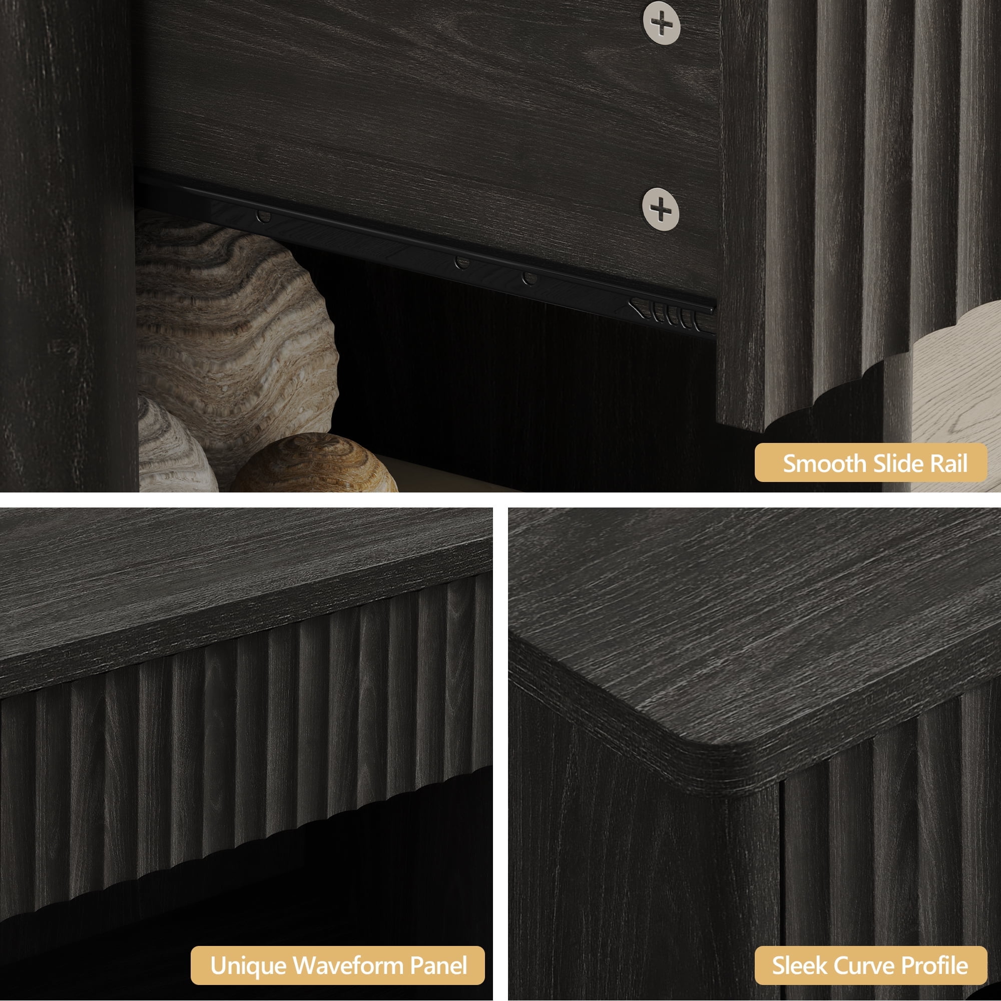 SICOTAS Fluted Nightstands for Bedroom, Farmhouse Bedside Tables with Drawer & Open Shelf,  Wood End Table for Living Room in Black