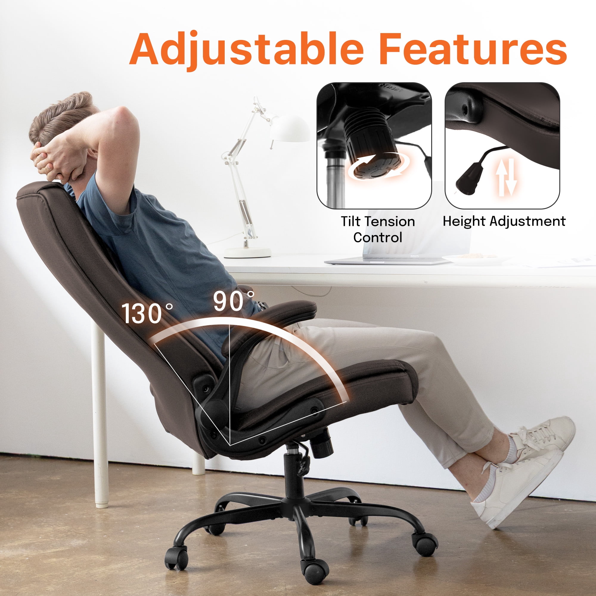 NEO CHAIR Executive Office Chair, Ergonomic High back Cushioned, Wide Leather Seat 8 Hours Heavy Duty Design, Flip Up Armrest Computer Desk Chair, Brown