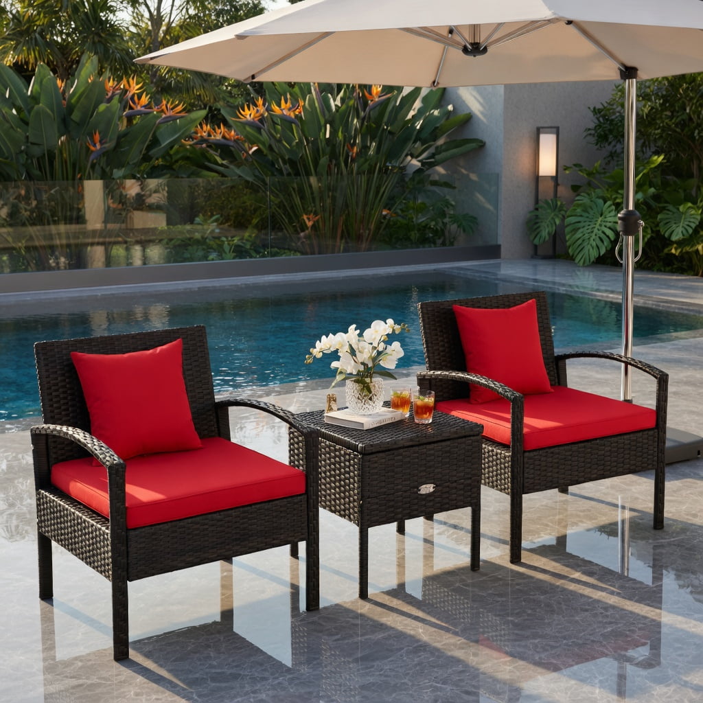 Hommoo 3-Piece Outdoor PE Rattan Patio Sofa Set with Washable Removable Cushions, for Backyard, Balcony, Poolside, Red
