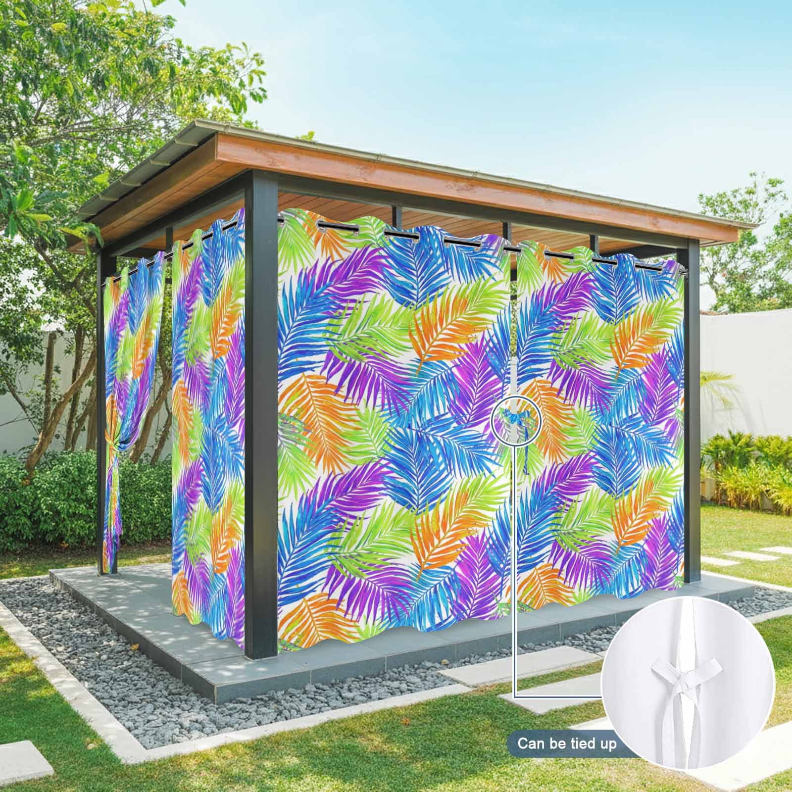 Colorful Palm Leaf Outdoor Curtains for Patio, Summer Rainbow Fronds Boho Purple Blue Yellow Leaf Sunshade Privacy Drapes Grommet Waterproof Outside Curtains for Porch Balcony 54"x108", 1 Panel