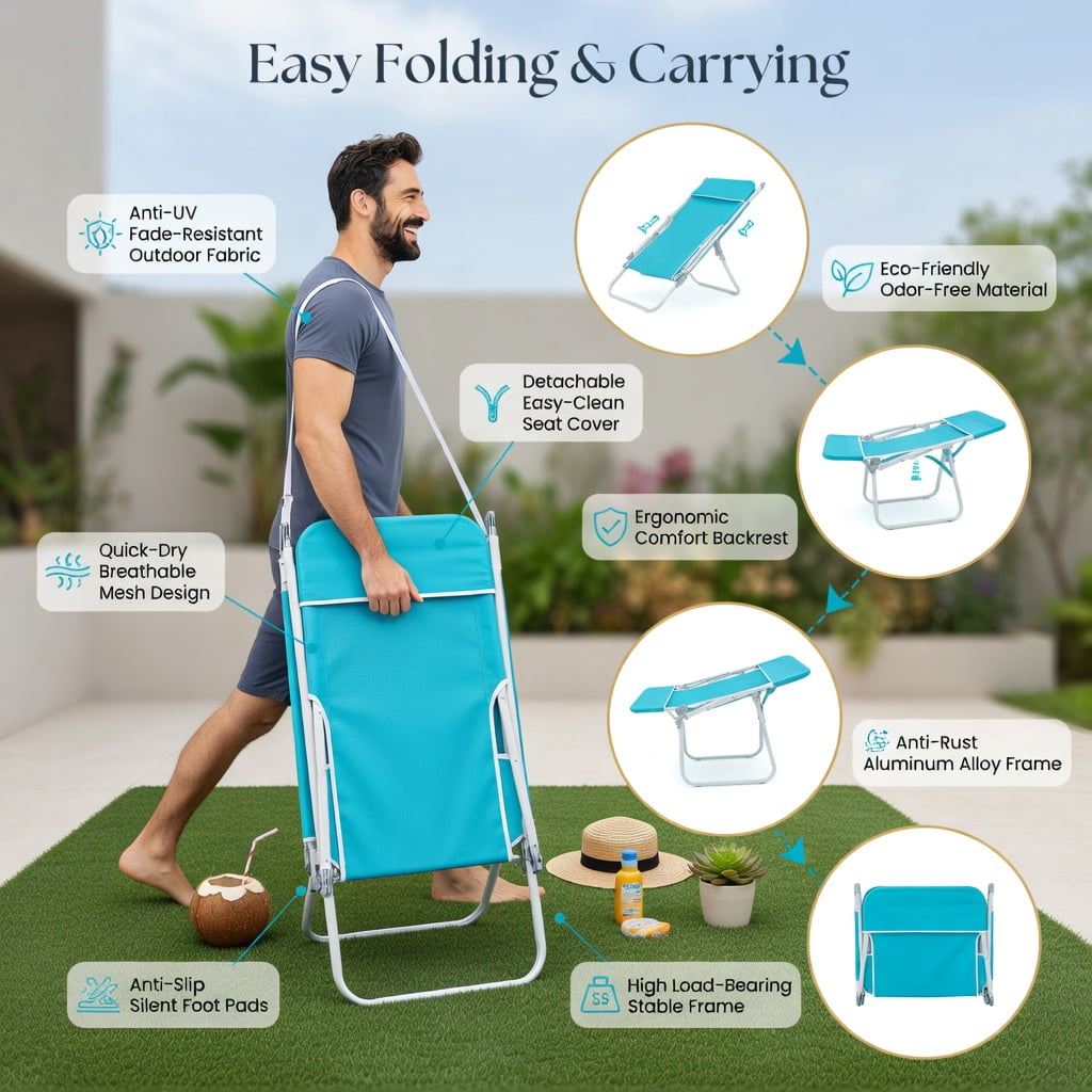 Hommoo 2-Pack Adjustable 5-Position Lay-Flat Beach Lounge Chairs with Carry Strap, Heavy-Duty 600D Oxford & Powder-Coated Metal Frame, Turquoise