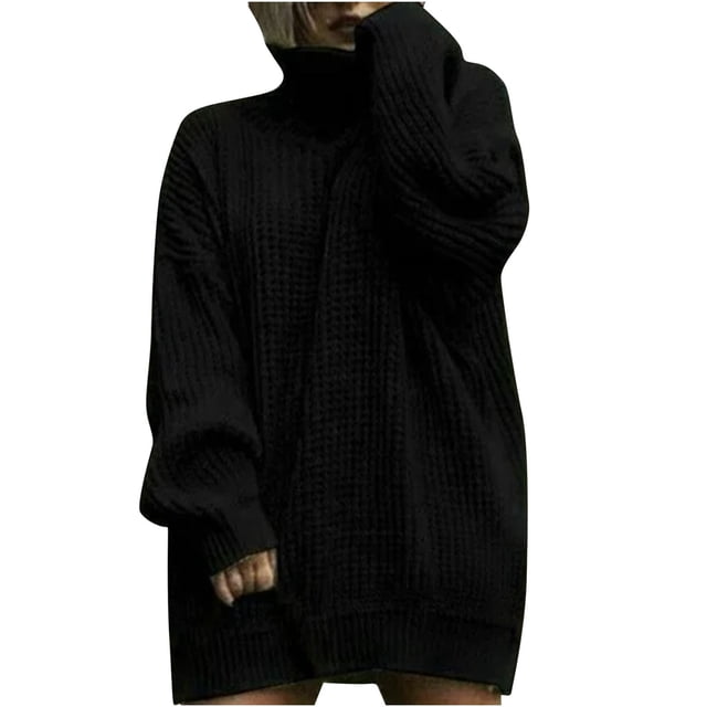Robes Tendance Femmes Col Roulé Surdimensionné Manches Longues Robe Chandail Grande Taille Tunique Chandail Tricot Robes d'Automne Robes Élégantes pour Femmes Formel S-80 Noir m
