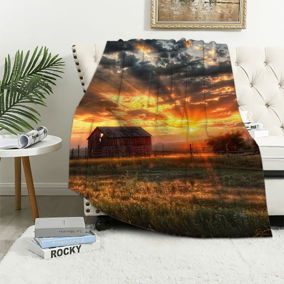 BCIIG Sunset Farm Barn Warm Lightweight Blanket Soft Fleece Throw Blanket Living Rooms Sofa Decor Cow Gifts All Seasons - 3 Sizes Available 40x50in