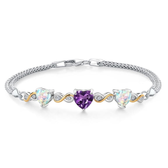925 Silver and 10K Yellow Gold Purple Amethyst and Simulated White Opal and Lab Grown Diamond Bracelet for Women (2.48 Cttw, February Birthstone, Heart 7MM and 6MM, 6.5/7/7.5 inch, Made in Italy)