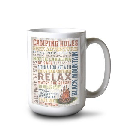 

15 fl oz Ceramic Mug Black Mountain North Carolina Camping Rules Rustic Typography Dishwasher & Microwave Safe