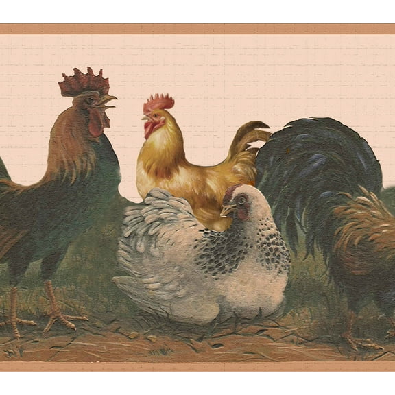 Dundee Deco Peel and Stick Self Adhesive Wallpaper Border - Country White, Brown, Yellow Rooster, 15 ft x 7 in