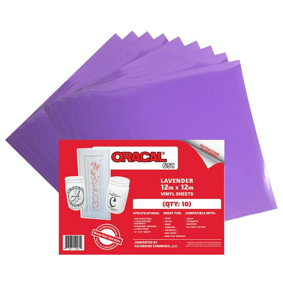 (10) 12" x 12" Sheets - Oracal 651 Lavender Adhesive Craft Vinyl for Cricut, Silhouette, Cameo, Craft Cutters, Printers, and Decals - Matte Finish and Outdoor and Permanent