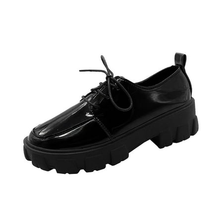 Sexlip Womens Round Toe Small Leather Shoes  Flat Heel  Collision Design  Waterproof  Casual Fashion Black 35