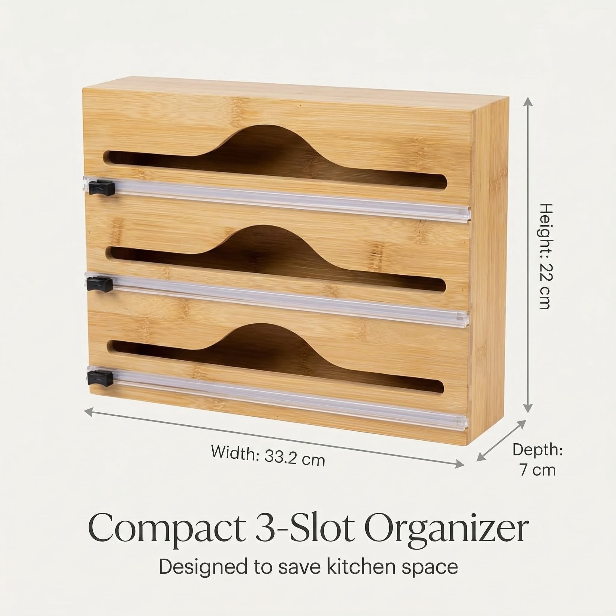 CNDRLEF 3-in-1 Bamboo Wrap Organizer with Sliding Cutters, Wall Mount or Drawer Kitchen Wrap Storage for Plastic Wrap, Aluminum Foil & Parchment Paper, Fits Up to 12.5" Rolls, Natural