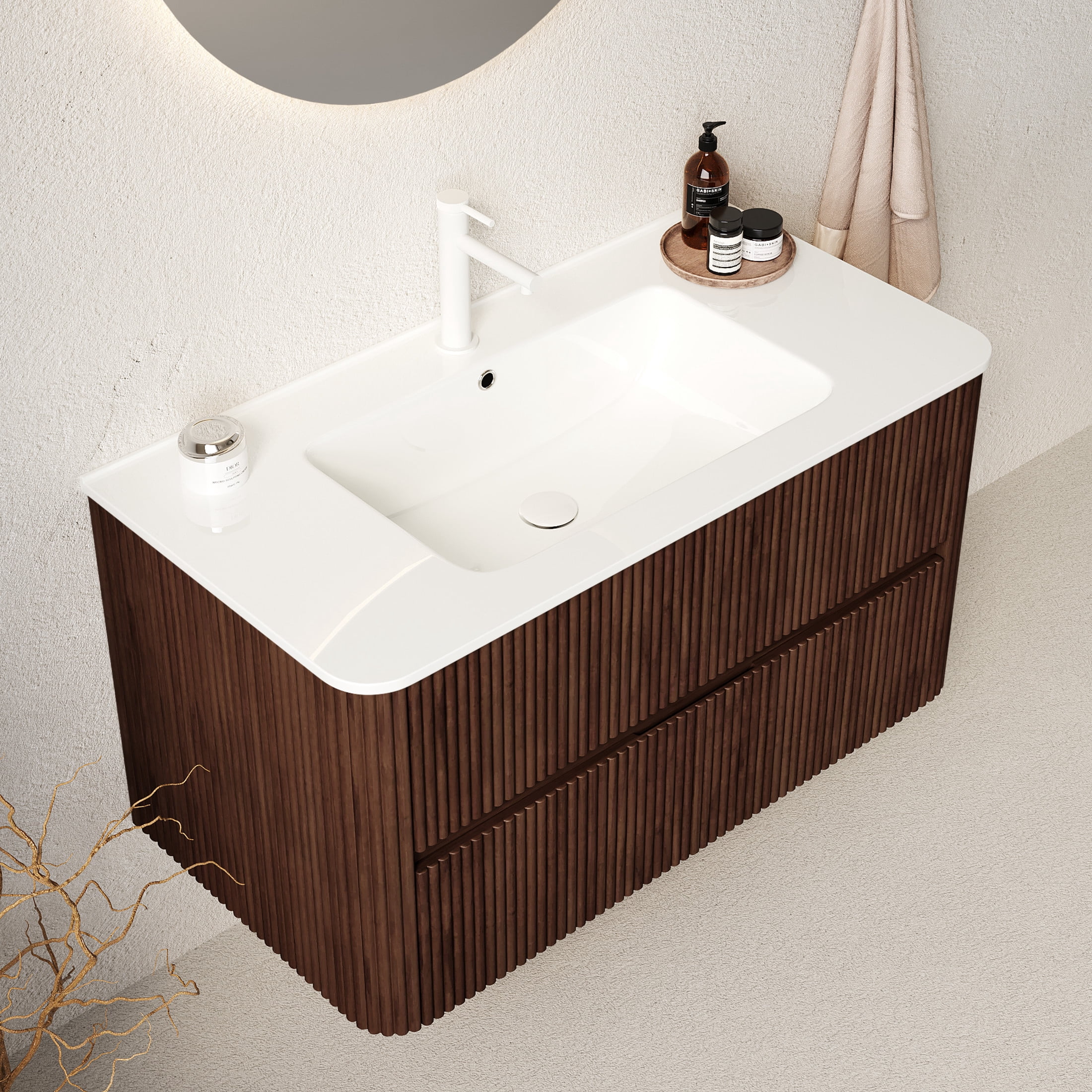Noble House Noor 36" Floating Bathroom Vanity with Seamless Ceramic Basin, Retro Soft-Close Drawers, Walnut