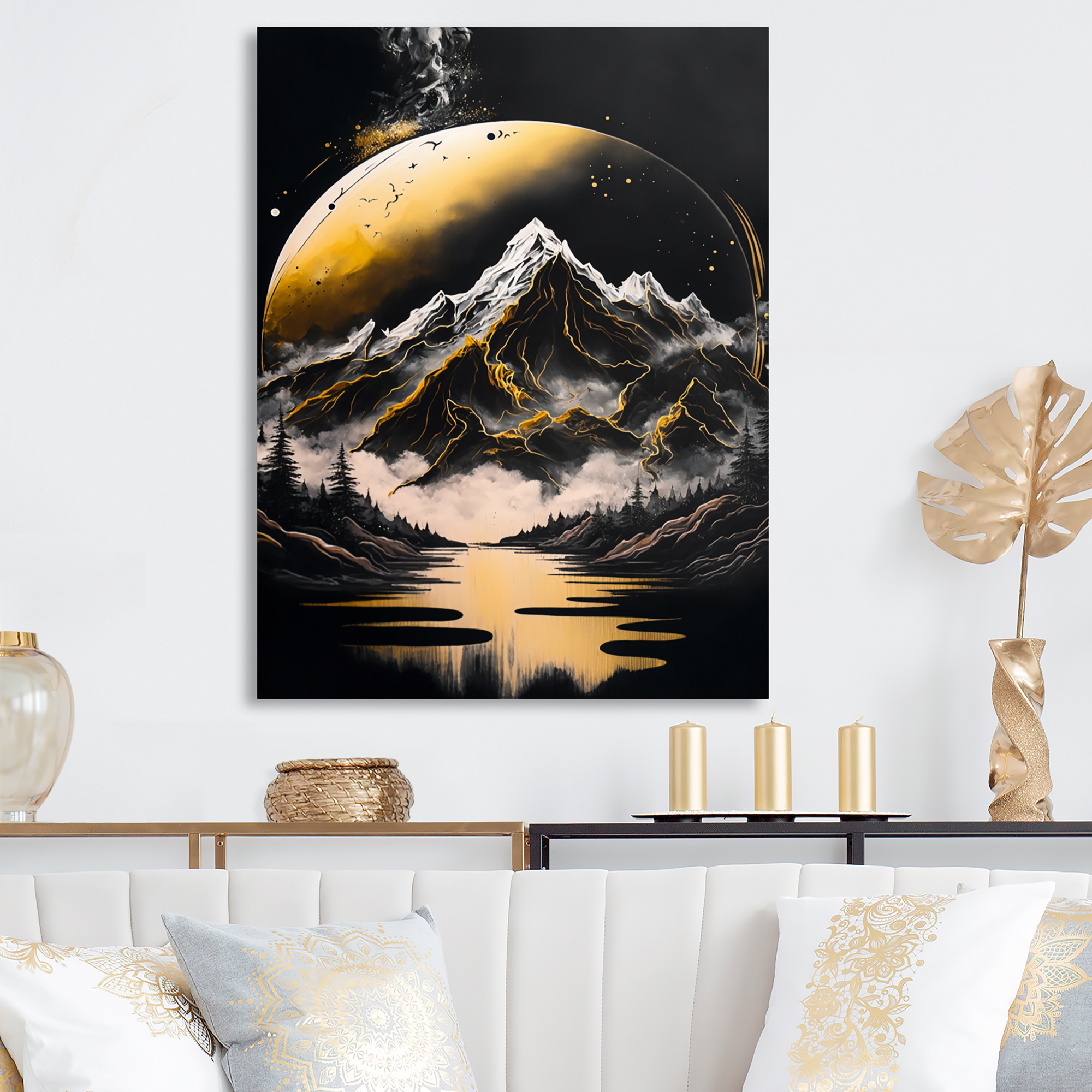 Designart Black And Gold Mountain Landscape V Canvas Wall Art