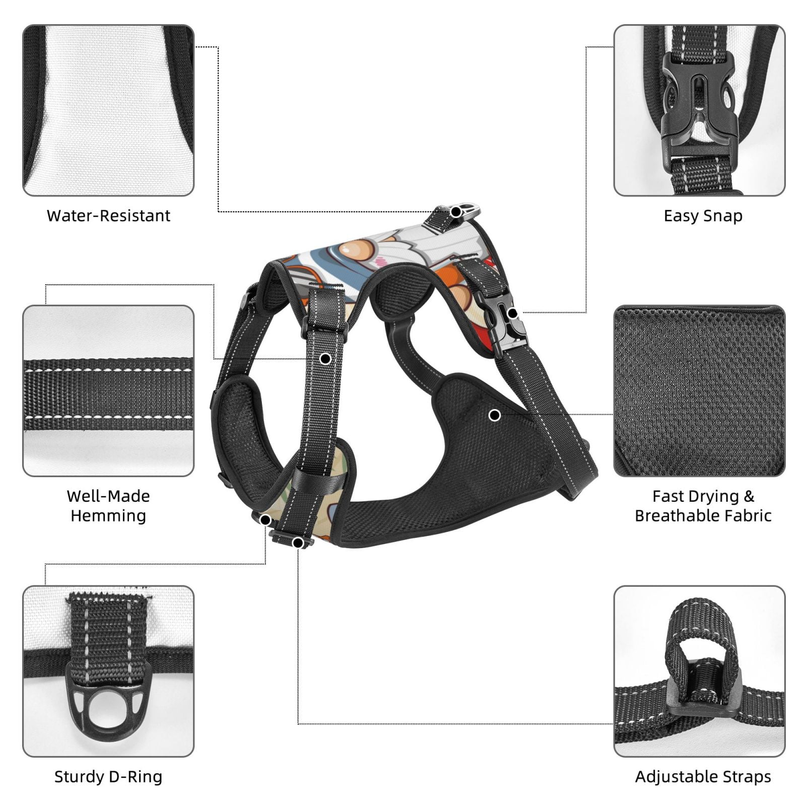 Vsdgher Hello Summer Cute Gnome Pattern Dog Harness,No Pull Pet Harness with Soft Padded Handle,Adjustable Reflective Vest with 2 Buckles,4 Slide Buckles,S-XL