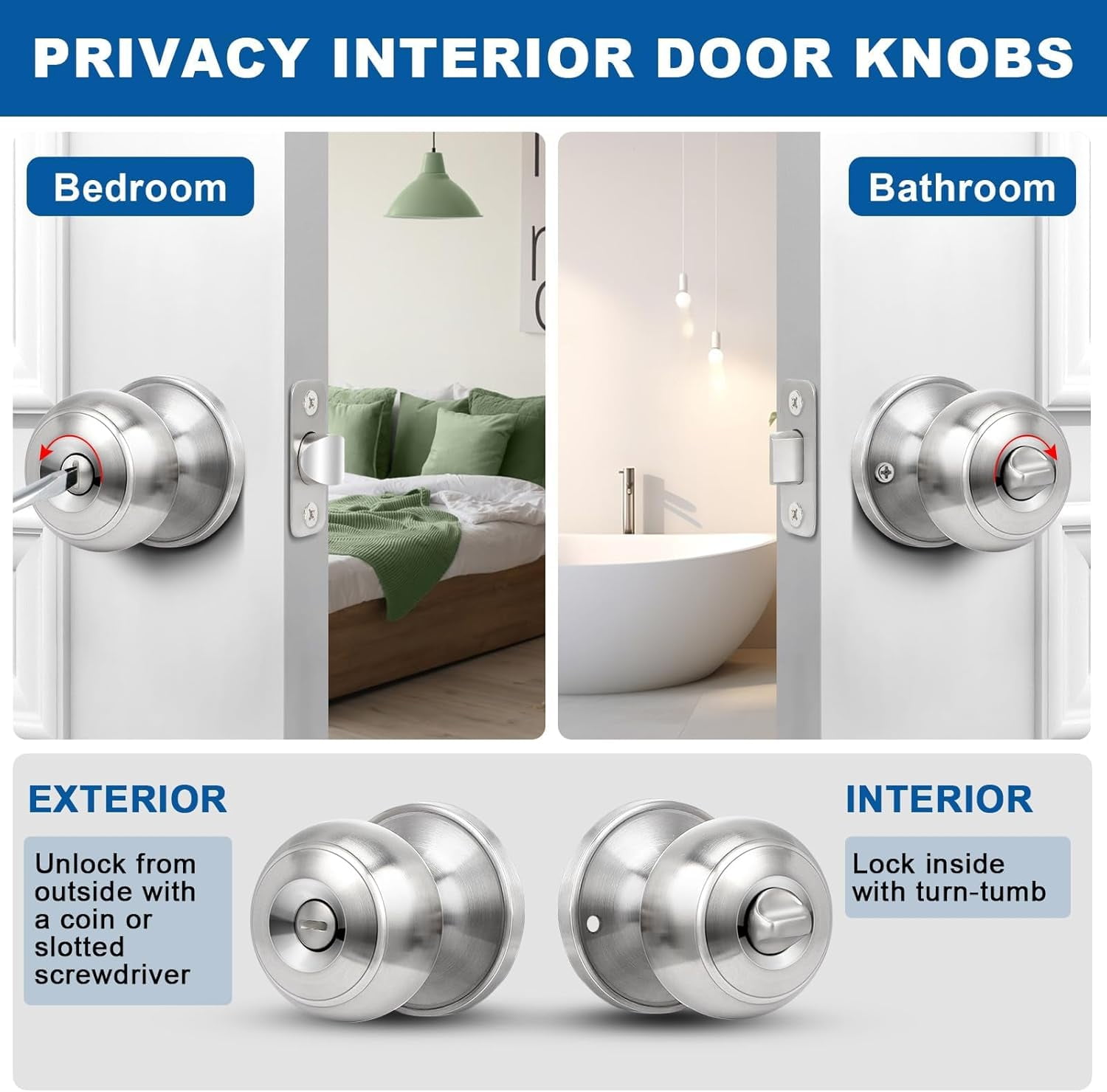 Privacy Door Knob, 10 Pack Brushed Nickel Round Keyless Doorknobs Interior/Exterior Lockset, Privacy Locking Door Knobs for Bedroom/Bathroom, Modern Design Door Hardware