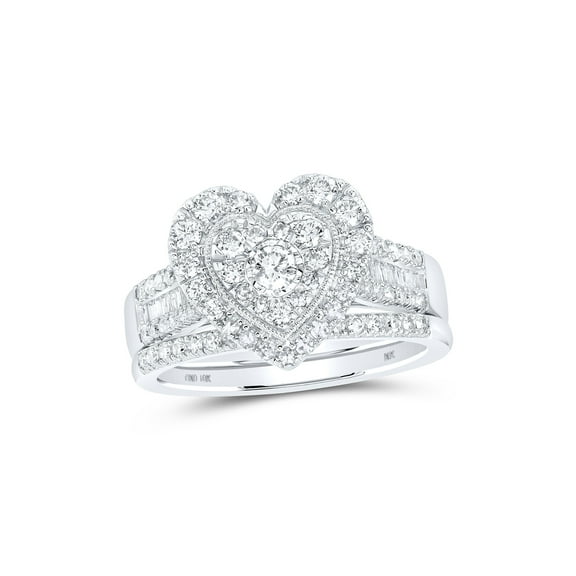 10kt White Gold Round Diamond Heart Bridal Wedding Ring Band Set 7/8 Cttw