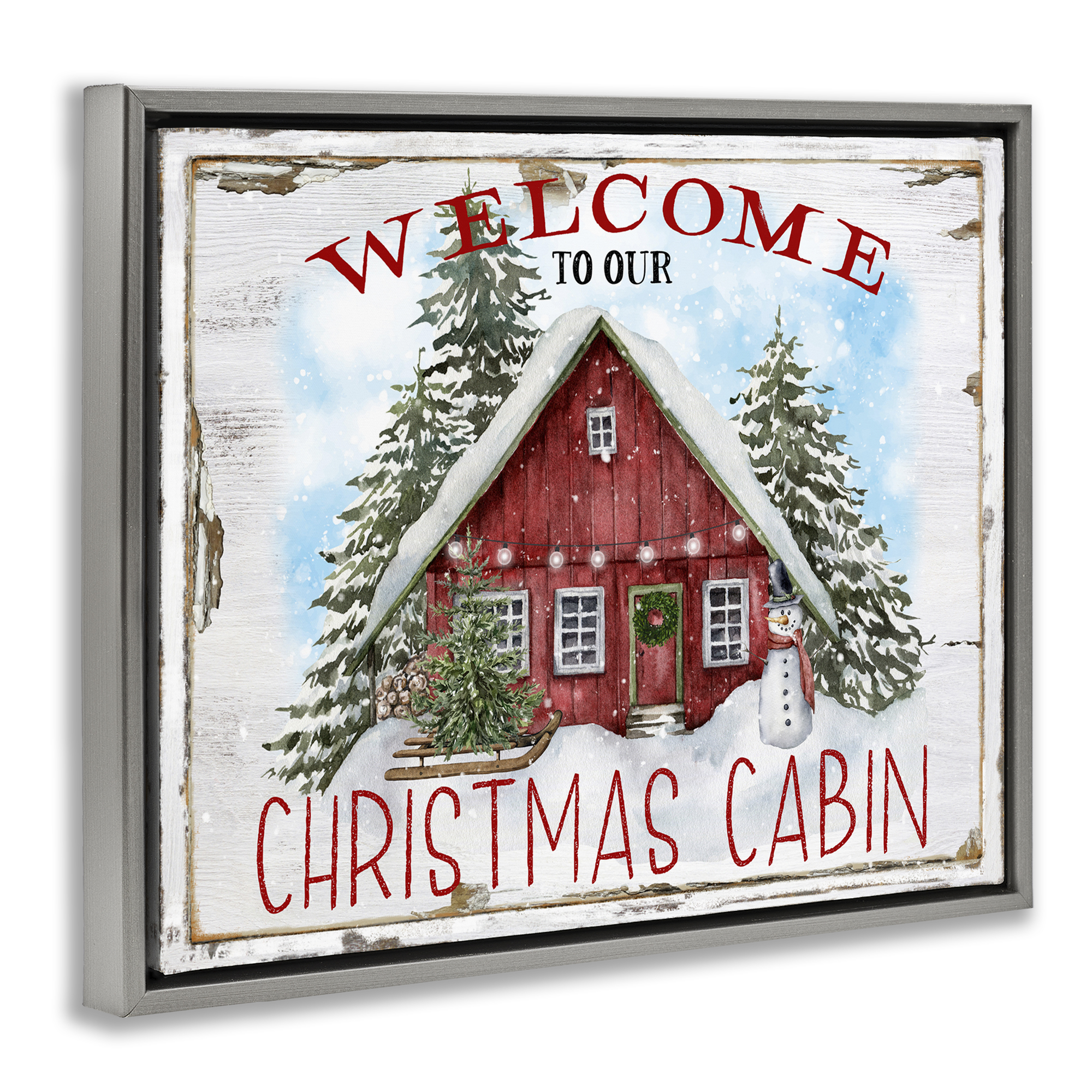 Stupell Industries Christmas Cabin Welcome Holiday Painting Gray Floater Framed Canvas Art Prints Wall Art, 21 x 17