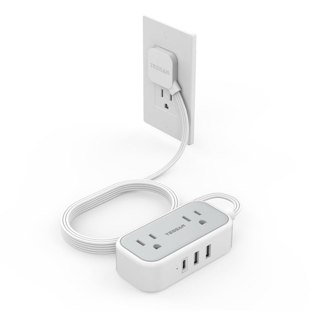 Cable de extensión TESSAN de 10 pies con 2 salidas y 3 puertos USB, gris