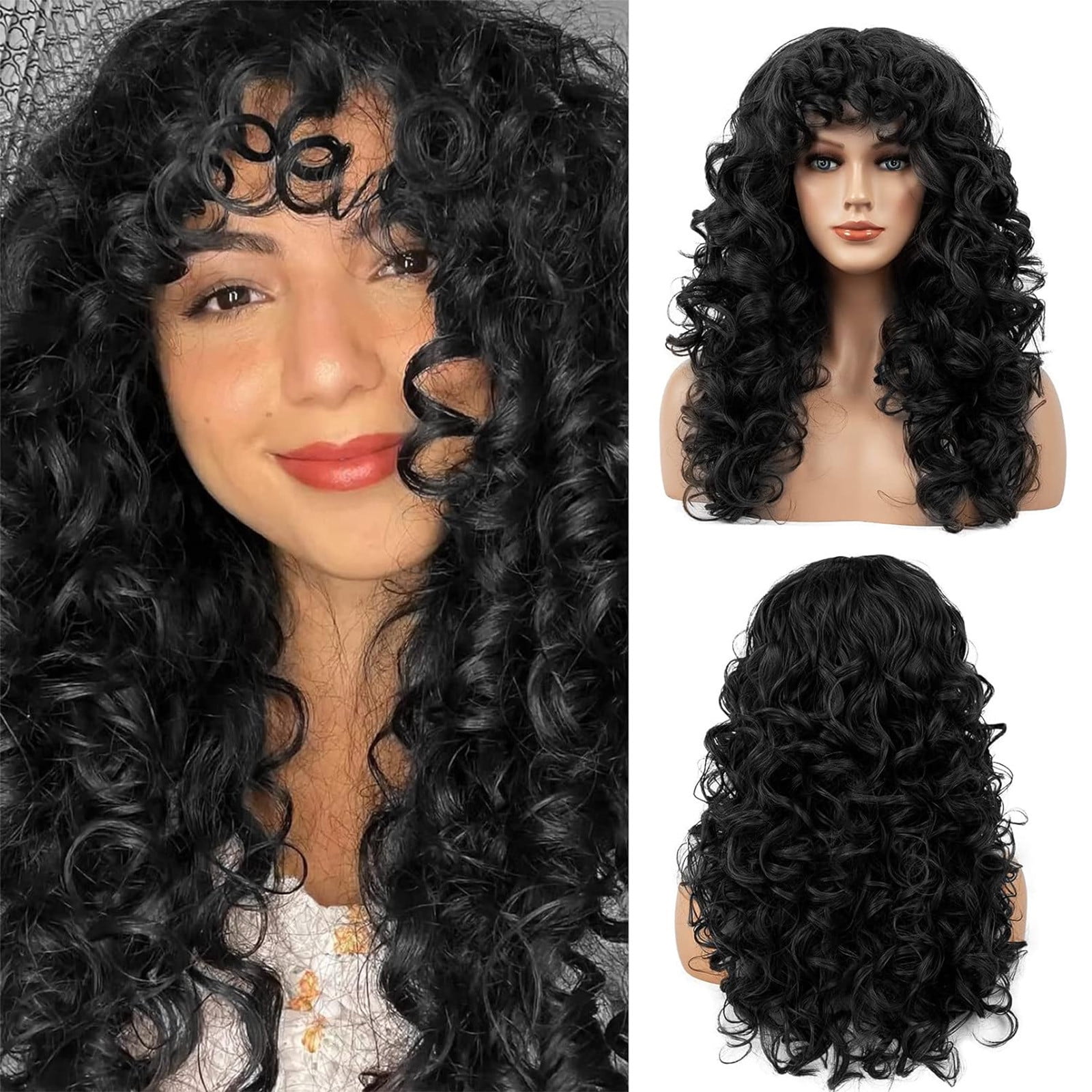 YSGFHGJW Wigs for Black Women,Long Curly Wig With Bangs Hair Wig For Women Synthetic Natural Wig Various Colors Available Daily Wear Party And Cosplay Soft Wig,Black