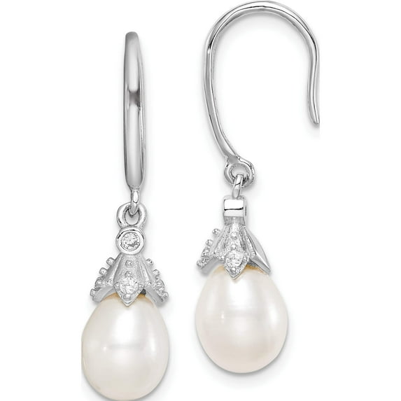 Sterling Silver Rhodium-Plated 7-8mm Rice Fwc Pearl Cz Dangle Earrings Made In China qe15378