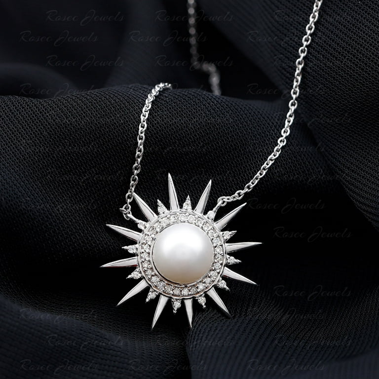 Sunburst Necklace with Freshwater Pearl and Diamond Accent Pearl Necklace with Chain 7.75 CT AAA Grade 14K White Gold