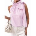 thumbnail image 3 of Women'S Tank Tops High Necked Ruffle Striped Tie Sleeveless Blouse Top Pink L, 3 of 9