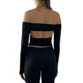 thumbnail image 5 of Seyurigaoka Women's Ribbed Off Shoulder Crop Tops Long Sleeve Solid Color Back Cutout Slim Fit Sweater Shirts, 5 of 7
