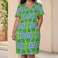 thumbnail image 3 of Retro Blue Flowers Green Background Summer Sundress for Curve Women Casual Pattern Plus Size V Neck Short Sleeve Loose Fit Oversize Dresses, 3 of 5