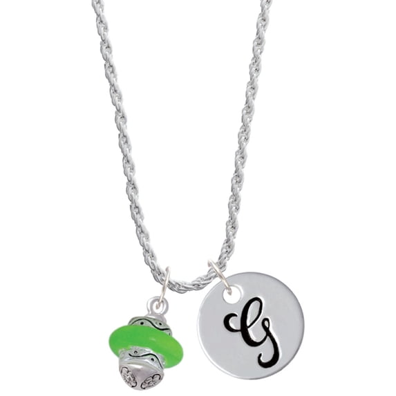 Delight Jewelry Silvertone Lime Green Center Spinner Silvertone Script Initial Disc - G - Charm Necklace, 20"+3"