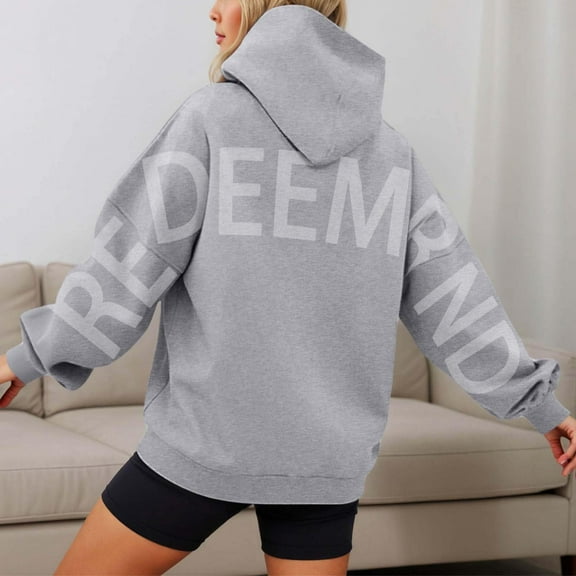 Hoodies for Women Oversized Letter Print Sweatshirt Long Sleeve Soft Comfy Pullover with Pocket Casual Fall Winter Fashion Clothes ,Gray,S